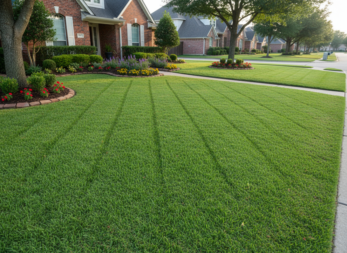 A meticulously manicured suburban front lawn in Houston, featuring lush, dense emerald-green St. Augustine grass with crisp, laser-straight mowing lines leading toward a brick home partially visible in the soft background. Deep-edged flower beds curve gracefully along the walkway, filled with neatly mulched soil and a balanced mix of vibrant seasonal flowers and low-maintenance shrubs. Early morning natural light washes across the scene, creating gentle highlights on the grass blades and subtle shadows under the shrubs. Photographic realism, shot at eye level with a wide-angle lens and sharp focus throughout, conveying a professional, dependable lawn care service and a clean, modern neighborhood aesthetic.