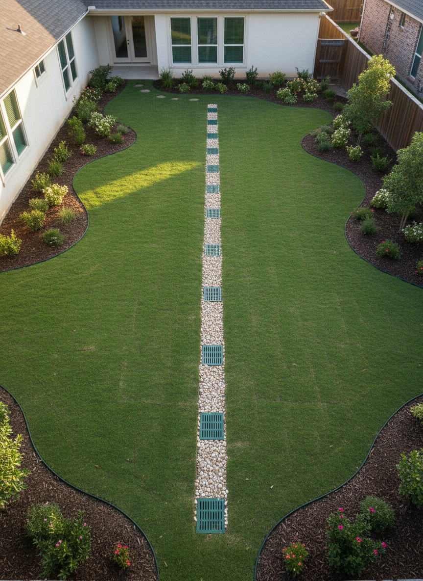 A detailed overhead view of a Houston backyard drainage and grading solution, showing a gently sloped, healthy green lawn directing water toward a discrete gravel-filled French drain line bordered by perforated pipe covers. Around the perimeter, planting beds are elevated by subtle berms, preventing pooling near the home’s foundation. Late afternoon sunlight grazes the lawn at a shallow angle, creating soft shadows that make the contours of the grading clearly visible. Photographic realism with natural, accurate colors and sharp focus across the entire frame. The composition is balanced and technical, conveying a sense of engineered precision and practical problem-solving in property improvement services.
