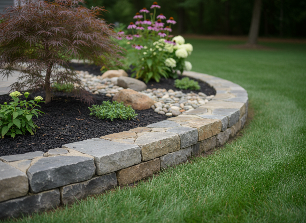 A close-up, photographic view of a landscape enhancement project in progress, focusing on a newly installed stone garden border curving around a fresh planting bed. The bed features a thoughtful mix of young shrubs, flowering perennials, and decorative river rock accents, all resting on rich, dark mulch with crisp, clean edges meeting the green lawn. Soft overcast daylight creates diffused lighting that reveals the textures of stone, mulch, and foliage without harsh contrast. Shot from a low, side angle with shallow depth of field, the foreground stones and plants are in razor-sharp focus while the existing yard softly blurs behind. The mood is attentive and detail-oriented, highlighting upgrade services and quality craftsmanship.