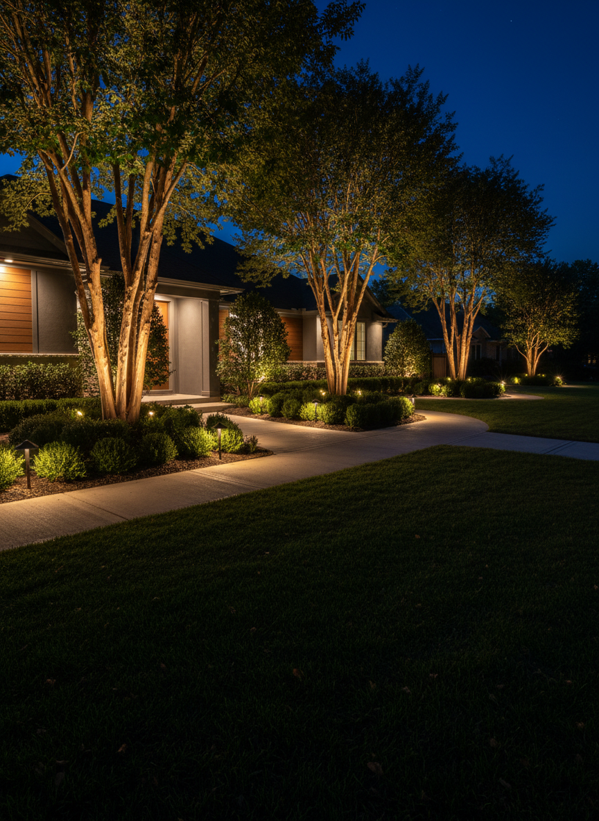 An elegant nighttime landscape lighting display on a contemporary suburban home, featuring warm, low-voltage LED uplights washing over the trunks of tall crepe myrtles and accenting sculpted shrubs along the front walkway. Discreet path lights cast soft pools of light on clean concrete paths, while the lawn remains a deep, velvety green. The house exterior is present but understated, partially illuminated in the background. Photographic realism with a long-exposure look, capturing subtle starburst effects around lights and deep, rich shadows that create depth. Shot from a wide, slightly low angle to emphasize the welcoming, secure, and professionally curated atmosphere of expert outdoor lighting design.