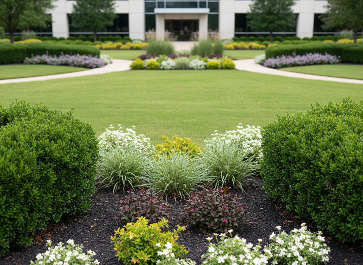 A commercial property frontage featuring a wide, clean expanse of healthy, evenly cut turf bordered by symmetrical, neatly pruned hedges and low-maintenance ornamental plantings. Concrete walkways are sharply edged, and planting beds are filled with uniform dark mulch, contrasting against the bright green foliage. A modern office building façade is softly blurred in the background, keeping focus on the landscape. Midday bright but diffused Houston daylight ensures even illumination with minimal harsh shadows. Photographic realism, captured from a slightly low, forward-facing angle that makes the lawn appear expansive and inviting. The mood is professional, organized, and reliable, conveying meticulous commercial landscape maintenance that enhances curb appeal and business image.