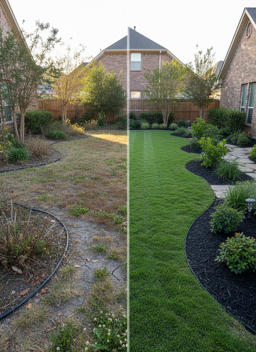 A pristine side-by-side comparison view of a small backyard space, with the left half depicting a patchy, uneven, weed-filled lawn and unkempt beds, and the right half transformed into a lush, uniform green lawn with clean bed lines, fresh mulch, and structured plantings suited to Houston’s climate. A subtle vertical divider or implied line separates the two conditions. Soft morning daylight creates consistent lighting across both sides, emphasizing the contrast in health and care. Photographic realism, captured from an eye-level perspective with moderate wide-angle framing. The mood is aspirational and results-focused, clearly communicating the impact of professional lawn care and landscape renovation services.