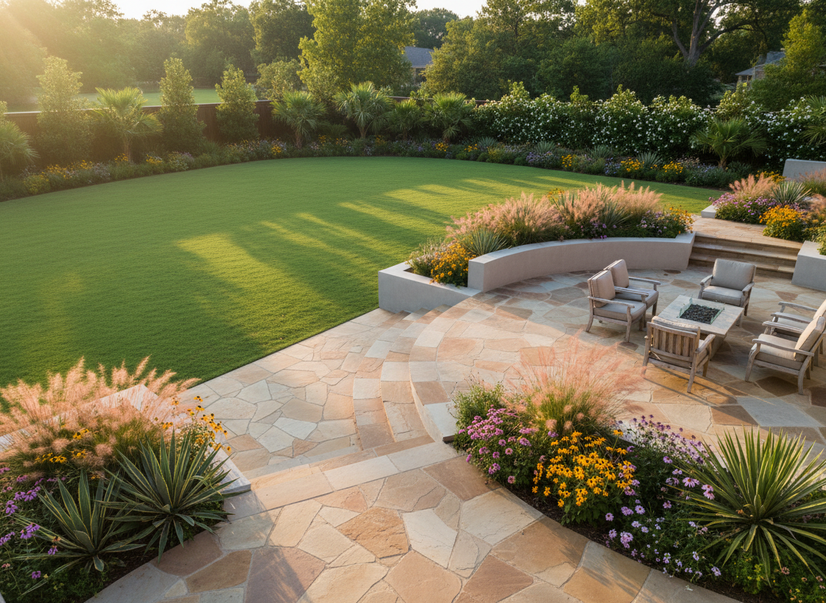 A professionally designed residential backyard landscape showcasing a multi-level flagstone patio surrounded by layered plant beds with drought-tolerant shrubs, ornamental grasses, and flowering perennials common to the Houston climate. A neatly trimmed lawn area frames the hardscape, while a low, modern retaining wall in smooth concrete adds structure. Soft golden hour sunlight creates warm highlights on the stone textures and casts long, gentle shadows across the lawn. The camera captures the scene from a slightly elevated corner angle, emphasizing depth and balance using the rule of thirds. Photographic realism with natural, rich colors, presenting a serene, polished outdoor living space that reflects high-quality, tailored landscaping services.